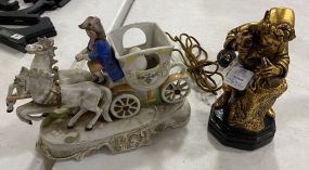 Boy Stump Carver Sculpture Figurine, Vintage German Porcelain Lamp Base Horse and Carriage