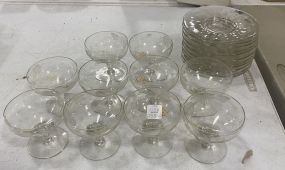 Set of 10 Footed Dessert Glasses and 11 Saucers