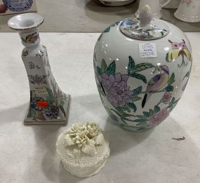 Asian Inspired Ginger Jar, Candle Holder, and Covered Flower Dish
