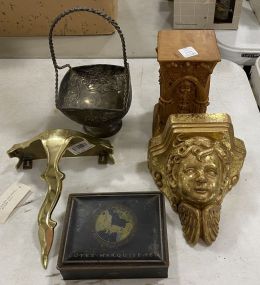 Silver Plated Floral Basket, Angel Wall Pedestal, Hosley Solid Brass Wall Shelve, Decorative Candle Stand, and Cutex Marquise Set Covered Box