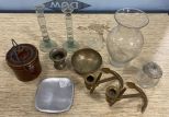 Group of Candle Stick Holders, Vase, Covered Cheese Crock, Toothpick Holder, and Other Misc Items