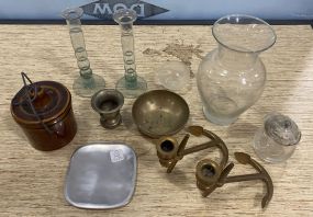 Group of Candle Stick Holders, Vase, Covered Cheese Crock, Toothpick Holder, and Other Misc Items