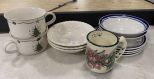 Gibson Bowls, Gail Pittman Mug, Jingle Bells Soup Cups, and Three White Bowls