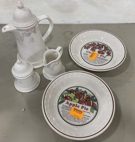Floral Tea Set Covered Pitcher, Milk, and Sugar. 2 Pie Dishes w/ Cherry and Apple Pie Recipes