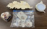 Heart Shaped Trinket Box Japan, Miniature Tea China Set, Small Blue Plates, and an Oak Leaf Shaped Dish