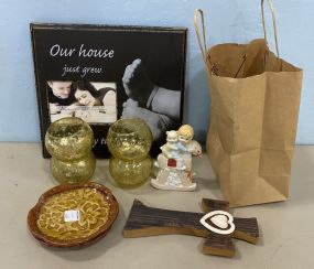 Our House Picture Frame, Wood Cross, Ceramic Figurine, Vintage Glass Candle Holders, Pottery Plates, Plate Hangers