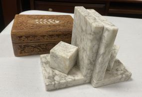 Carved Wood Trinket Box and Marble Bookends