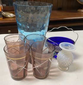 Bohemian Cups, Blue Vase, Fenton Vase, and Cobalt Blue Mustard