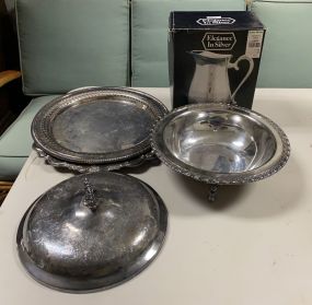 Silver Plate Serving Trays, Covered Bowl and Water Pitcher
