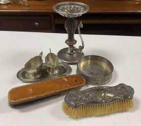 Silver Plate Small Creamer, Sugar, Bowl, and Brush