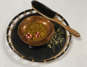 Asian Black Lacquer Plate, Enamel Bowl, and Brush