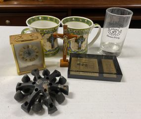 Religious Mugs, Cross, Jack Daniels Cup, and Mini Clock