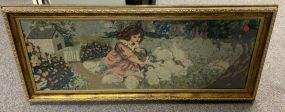 Framed Cross Stitch Style Lady wit Rabbits