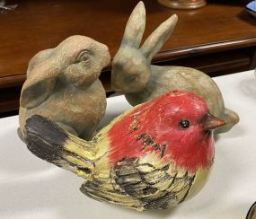 Two Pottery Rabbits, and Bird