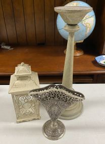 Decorative Lantern, Silver Plate Vase, and Candle Holder
