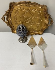 Plastic Serving Tray, Decorative Egg, and Cake Servers