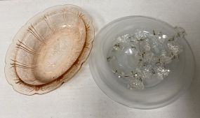 Depression Glass Bowl and 2 Frosted Glass Serving Plates