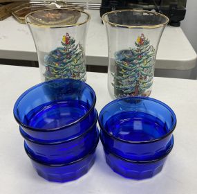 Christmas Tree Vases and Blue Bowls