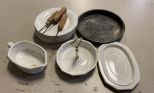 Ironstone Plates, Dish, Meat Poker, and Metal Round Pan
