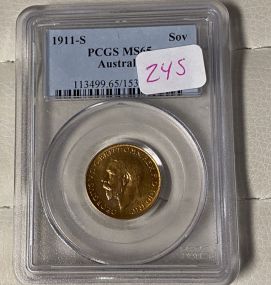 (No Shipping) 1911-S Gold Sov PCGS MS65