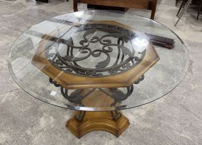 Wood and Iron Pedestal Base Glass Table