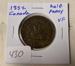 1852 Bank of Upper Canada Half Penny