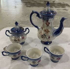 Tea Set. Floral Porcelain Teapot, Covered Sugar Bowl, 3 Tea Cups