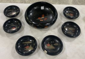 Set of Vintage Japanese Wood Black Lacquer Bowls With Pagoda Scene