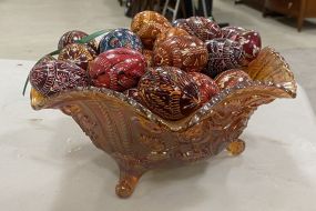 Carnival Glass Center Piece Bowl With Artisan Wooden Eggs