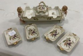 Vintage Porcelain Cherub Floral Cigarette Holder Ashtray Set