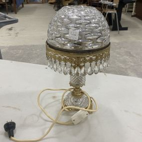 Vintage Cut Glass Dome Table Lamp With Crystal Drops