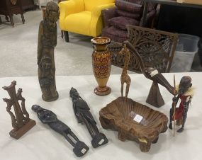 Group of Wooden Hand Carved Ethnic Figurines and Other Misc Items