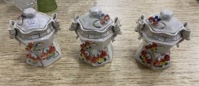 Set of 3 Decorative Hand Painted Covered Porcelain Jars