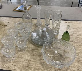 Group of Assorted Glassware Includes 7 Sundae Cups, 3 Flower Vases, Fruit Bowl, 8 Plates, Bell, and Decanter