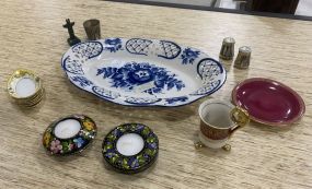 Group of Assorted Porcelain Includes Platter, Candles, Salt and Pepper Shaker, Noritake Butter Dishes, and Other Misc Items