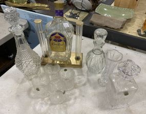 Group of Liquor Decanters, Seagrams Crown Royal Bottle Dispenser Pourer, 4 Crystal Whiskey Glasses, Crystal Flower Bud Vase