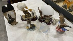 Group of Eagle Figurines and Sculpted Glass Eagle Paperweight or Statue