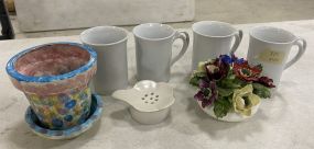 Pier 1 Mugs, Hand Made Pot, and Flower Bouquet