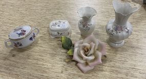 3 Piece Porcelain Vase and Covered Dish Dresser Set, Covered Sugar Dish, and Ceramic Rose