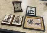 Carriage Needlepoint Clock, Pair of Himmel Pictures with Hanger, and 2 Framed Silhouettes