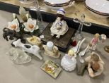 Group of Figurines, Porcelain, Glass Crosses, and Other Misc Items