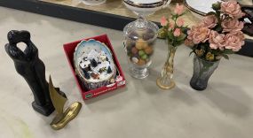 Group of Decor Includes Covered Glass Vase, Flower Bud Vase, Vintage Art Deco Man Woman Kiss Figurine, Coca-Cola Drinking Glass