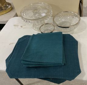 Glass Cake Stand, Silver Plate Rimmed Bowls and Place Mats