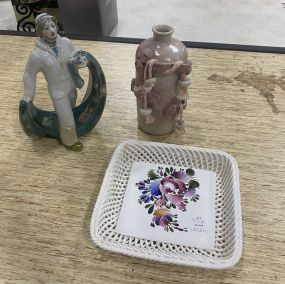 Group of Assorted Porcelain Includes Flower Bud Vase with Tassels, Porcelain Figurine, and Decorative Dish