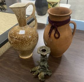 Ceramic Handled Vase, Porcelain Vase, and Brass Candle Holder