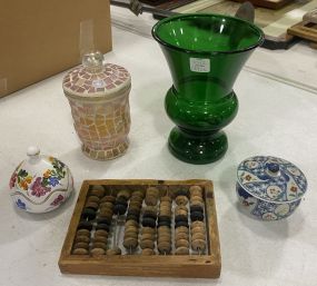 Group of Assorted Items Including Candle, Counting Frame, 2 Covered Dishes, Glass Flower Vase