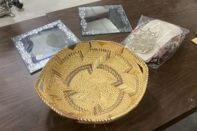 Hand Woven Basket, Bag of Napkins, Pair of Decorative Platform Mirrors