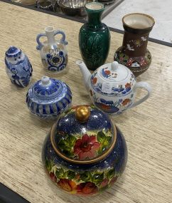 Group of Assorted Items Includes Hand Painted Coffee Pot, Porcelain Potpourri Jar, 2 Vases, 1 Flower Bud Vase, and Other Misc Items