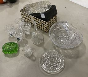 Grouping of Assorted Glassware Includes 6 Prescut Coasters, Basket, 4 Crystal Bleikristall Egg or Salt Cups, and Other Misc Items