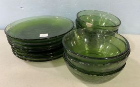 7 Green Glass Plates and Bowls